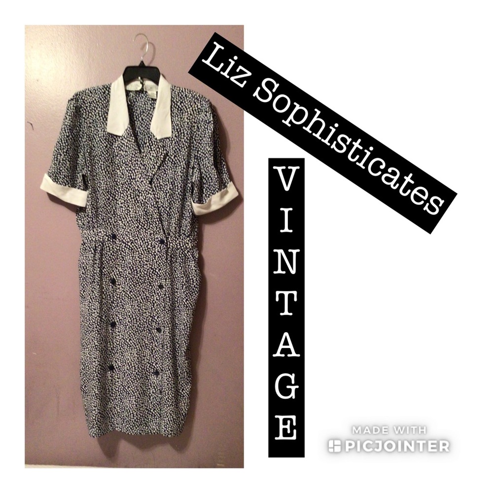 Ladies Liz Roberts navy white polka dot dress